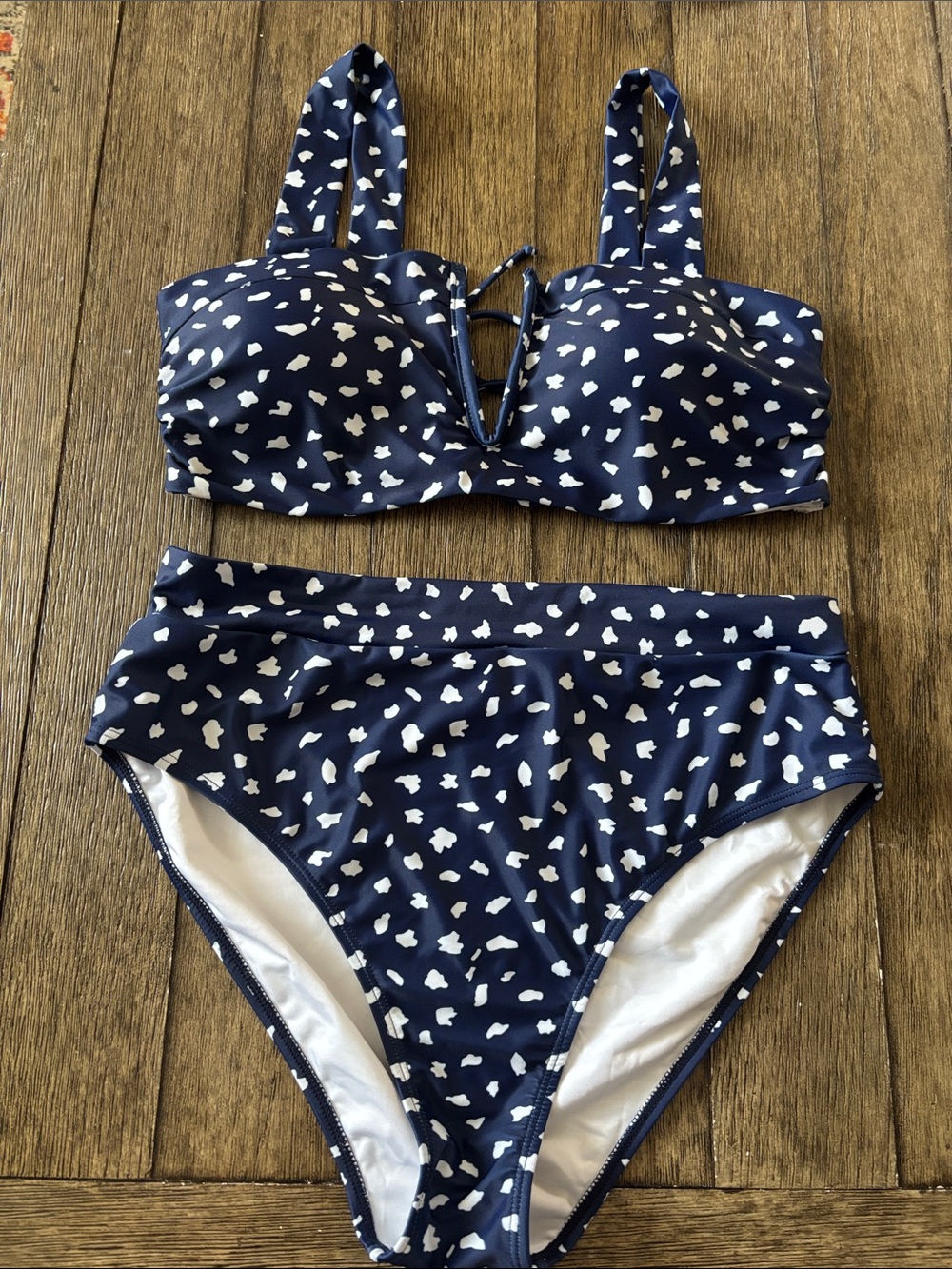 Amazon Navy Blue and White Polka Dot High-Waist Bikini Set